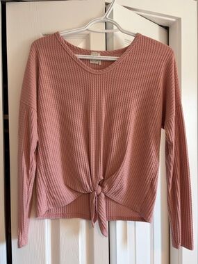 Paper Crane Dusty Rose Waffle-Knit Tie Front Long Sleeve Top